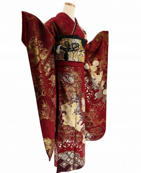 成人式振袖[クール系][古典柄]エンジに金彩で草花[身長162cmまで]No.1114